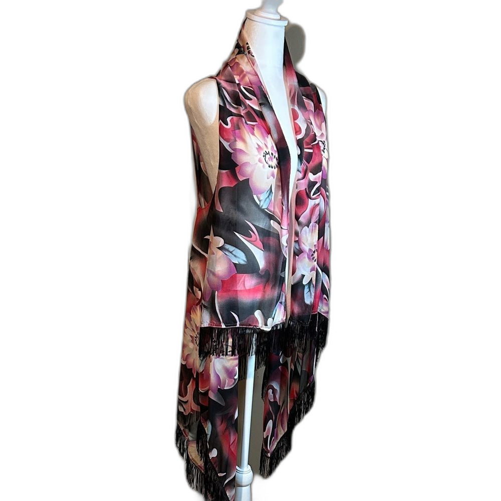 Pink Black Floral Fringe Duster Kimono Scarf Vest Boho Whimsical